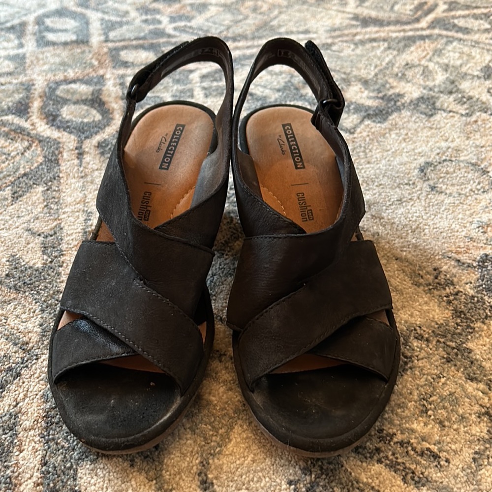 Clarks Black Suede Criss Cross Heeled Sandal